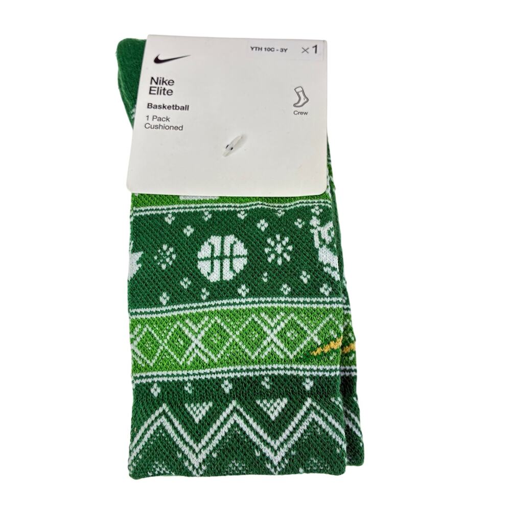 Nike Elite Basketballs Crew Socks Youth 10C-3Y Green Holiday 1 Pair NWT